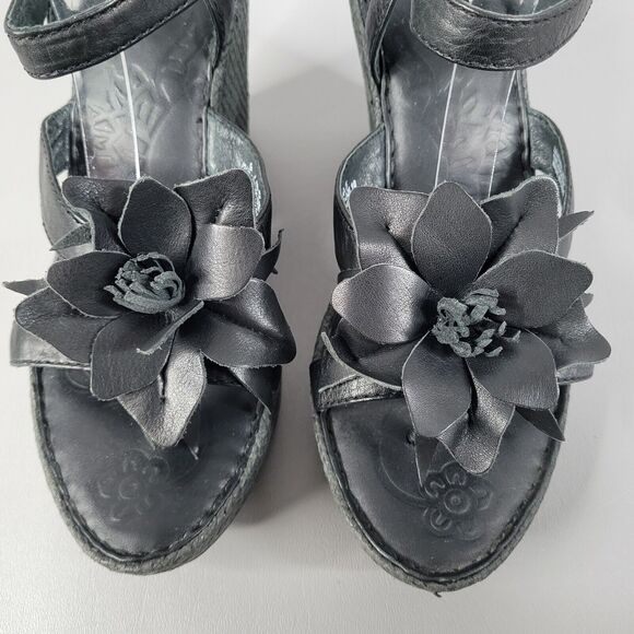 Born Womens Black Leather Flower Wedge Platform Leather Strappy Sandals Size 9 - Picture 6 of 12